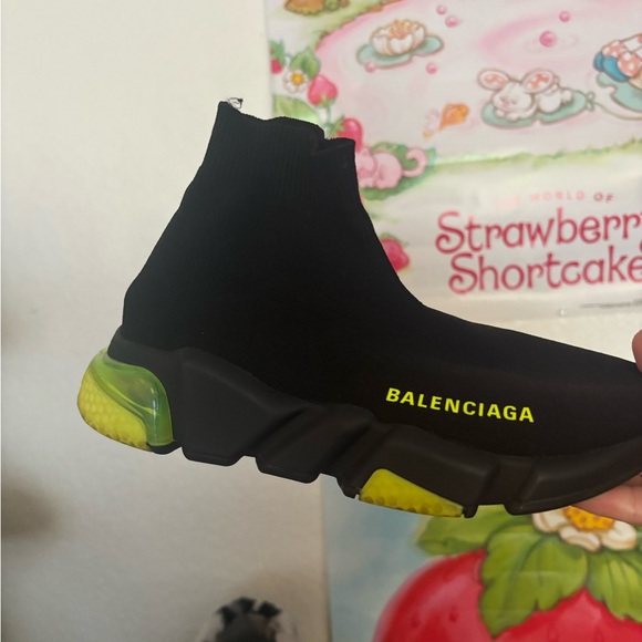 Balenciaga Black and Neon Green Speed Trainers - Picture 2 of 3